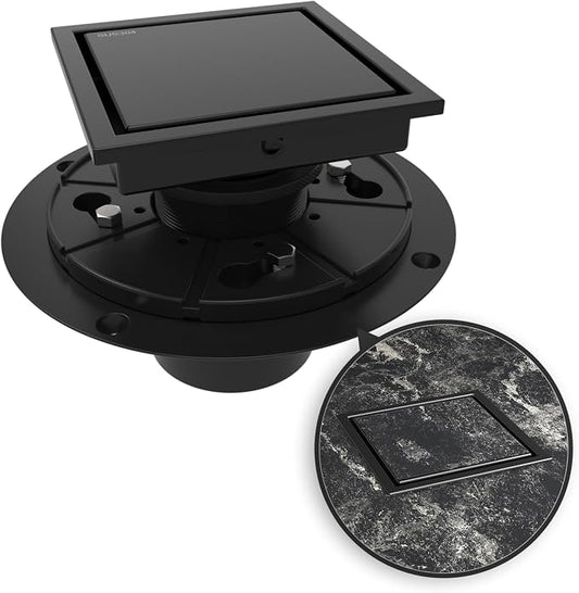 WEBANG 4 Inch Square Shower Drain Black Floor Drain with Flange Reversible 2-in-1 Cover Tile Insert Grate Removable SUS304 Stainless Steel CUPC Certified Matte Black