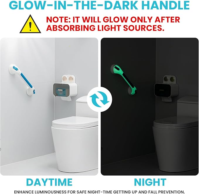 TAILI Shower Grab Bar Glow in The Dark, 16.8 in Grab Bars for Bathtubs, Shower Handles Bath Rails for Seniors and Elderly, Bathroom Safety Grip Removable No Drilling Waterproof Blue (Pack of 2)