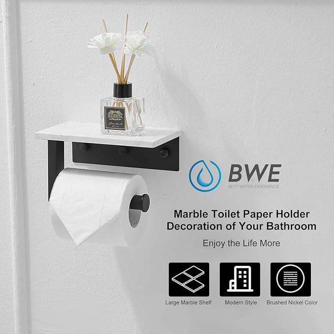 BWE Matte Black Toilet Paper Holder with Marble Shelf, Toilet Paper Roll Holder Wall Mounted, Toilet Paper Roll Holder with Phone Shelf 304 Stainless Steel Tissue Holder for Bathroom Washroom