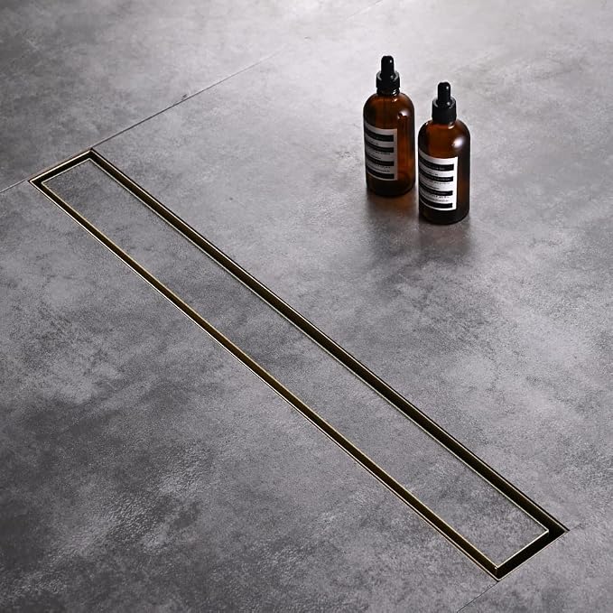 AVSIILE Linear Shower Floor Drain, Brushed Gold 48 Inch 304 Stainless Steel Bathroom Drains Kit, Rectangular Shower Trench Drain with Reversable Tile-in Pattern Drain Cover & Hair Catcher