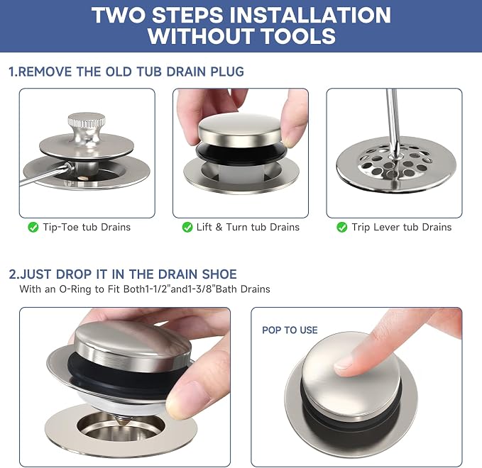 Brushed Nickel Universal Tip Toe Tub Stopper, Pop Up Bathtub Drains Plug, Bathroom Bath Tub Drain Stoppers, Conversion Kit Assembly, Replaces Lift and Turn, Tip-Toe and Trip Lever drains for Tub