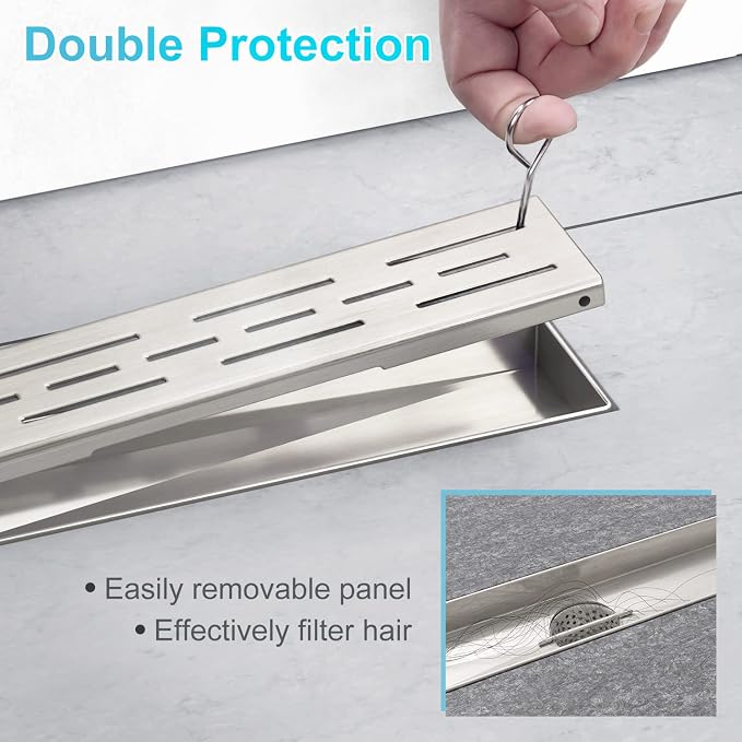 EMBATHER 24 Inches Linear Shower Drain with Removable Pattern Grate, CUPC Certified, 304 Stainless Steel Floor Drain and Shower Drain Base Included Hair Strainer and Leveling Feet, Brushed Nickel