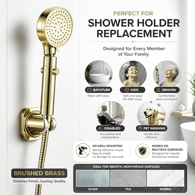 Handle held Shower Head Holder Wall Mount -Adjustable in 5 Positions - Dual Mount Option (Screw/Adhesive) - Brushed Gold
