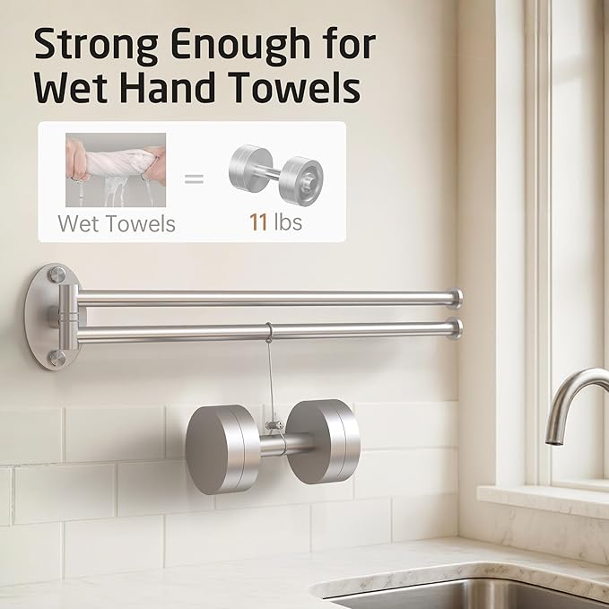 KES Kitchen Swivel Towel Bar 15-Inch, Swivel Towel Rack for Dish Towel, Double Towel Bar 2-Arm Wall Mounted, SUS 304 Stainless Steel, Brushed Finish, A2106S40-2
