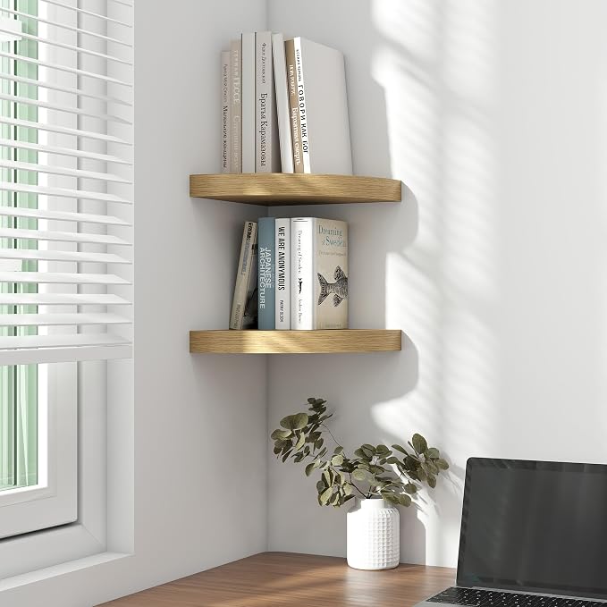 Fun Memories Floating Corner Shelves Set of 2 - Rustic Wood Wall Mounted Storage and Display Shelves for Living Room, Bedroom, Kitchen, Bathroom - Space Saving Home Decor, Oak