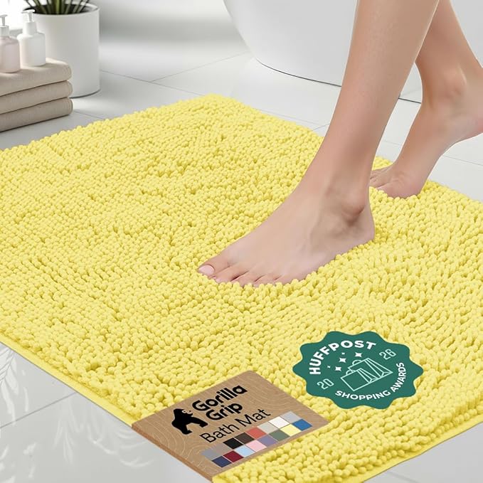 GORILLA GRIP Bath Rug Mat for Bathroom, Absorbent Chenille, 36x24 Yellow | Soft Thick Quick Dry Microfiber Mats, Rubber Backing, Machine Washable Tub and Shower Floor Rugs, Home Decor Essentials