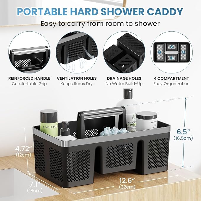 BYUNER Plastic Shower Caddy Dorm: Portable Cleaning & Shower Caddy with Handle, 4 Divided Compartments, All-Side Drainage, Rigid Plastic Basket Tote for College Dorm & Bathroom Use, Black/Silver