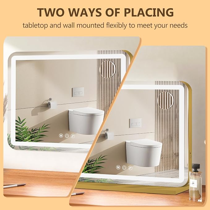 Ratsamee 23"x18" Gold Vanity Mirror with Lights, Led Makeup Mirror, Lighted Makeup Mirror with 3 Color Dimmable Lights, Smart Touch Screen Control, Aluminum Metal Frame,USB Charging Port