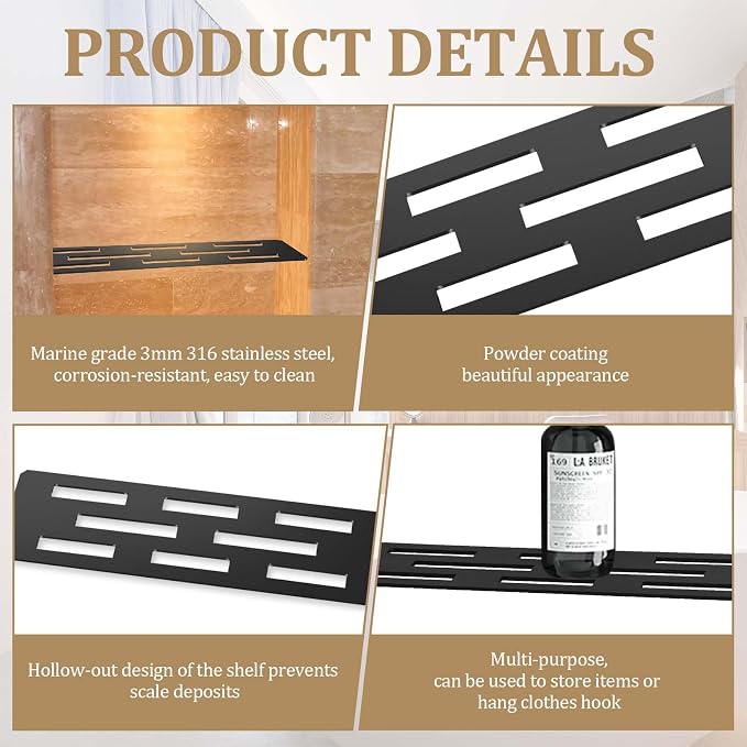Rectangular Shelf for 12 Inch Tile Prefabricated Niches, Shower Niche Shelf with Powder Coated 316 Stainless Steel Finish, Fits 1/8 inch Grout Lines Shower Niche Insert