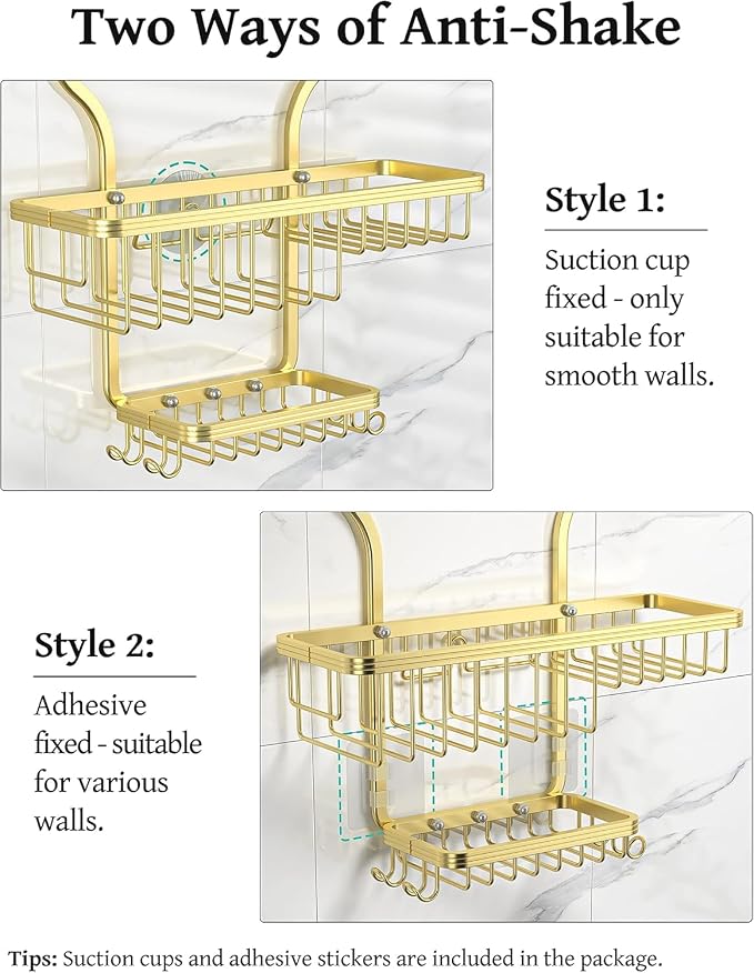 Never Rust Shower Caddy Hanging, Aluminum Shower Racks for Inside Shower, 3-Tier Shower Organizer Hanging Over Shower Head with Hooks and Soap Holder, Gold