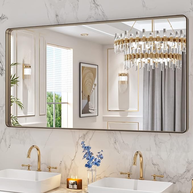 LOAAO 55”X30” Bronze Bathroom Mirrors for Vanity, Rounded Rectangle Brushed Bronze Metal Frame Mirror, Anti-Rust, Tempered Glass, Hangs Horizontally or Vertically | Rounded Rectangle, Brushed Bronze Metal Frame, Anti-Rust, Tempered Glass, Hangs Horizon...
