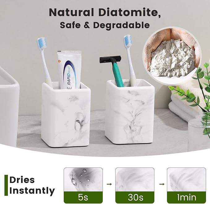 Luxspire Toothbrush Holders, Diatomite, 2 Pack, Marble | Fast Drying, Diatomaceous Earth, Electric Toothbrush Holder, Toothbrush and Toothpaste Holder, Bathroom Organizer Essentials