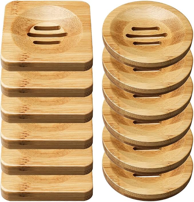 12 Pcs Bamboo Soap Dishes, Wooden Soap Tray Soap Holder, Shampoo Bar Holder Bar Soap Holder for Bathroom, Kitchen (Square & Round)
