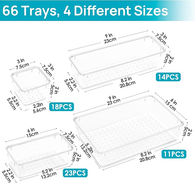 Vtopmart 66 PCS Clear Plastic Drawer Organizer Bins, 4-Size Versatile Bathroom and Vanity Organizer Trays, Acrylic Storage Containers for Makeup, Jewelry, Toiletry, Kitchen Utensils and Office Supply
