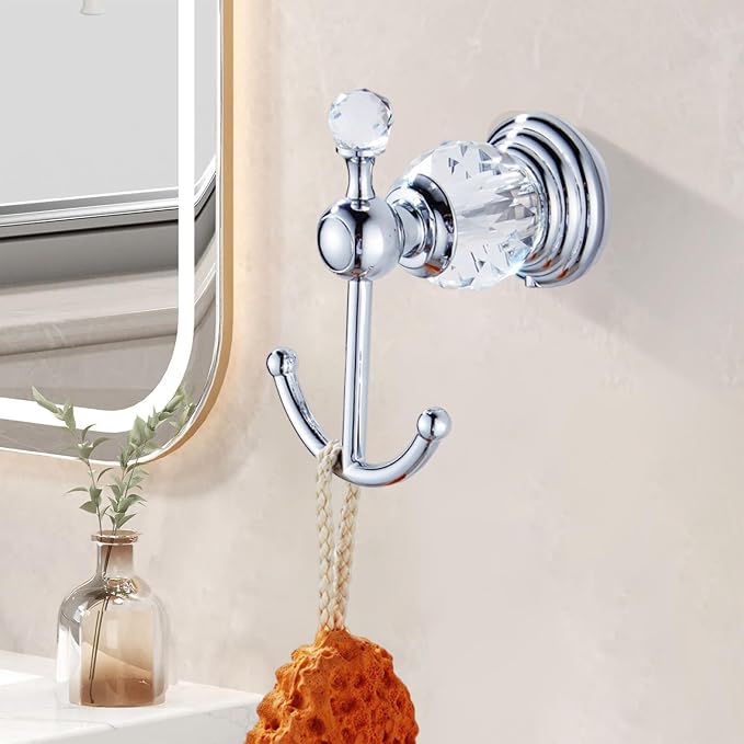 Crystal Silver Towel Hook, Chrome Bathroom Robe Hook, Coat Rack Hanger Heavy Sturdy Double Towel Hooks Bath Farmhouse Clothes Hook Wall Mounted Modern for Bathroom Kitchen Washroom
