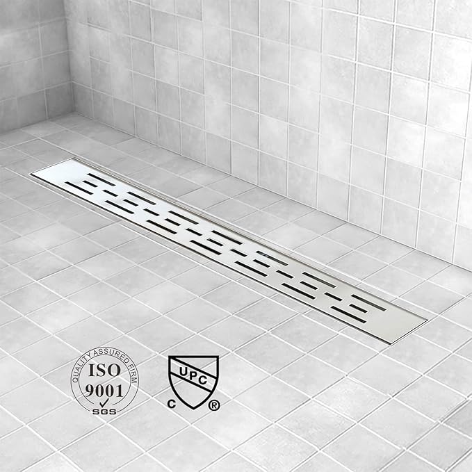 Linear Shower Drain, Shower Drain with bar Pattern Grate, Professional Brushed 304 Stainless Steel, High Flow, Hair Catcher Shower Drain (18 inch)