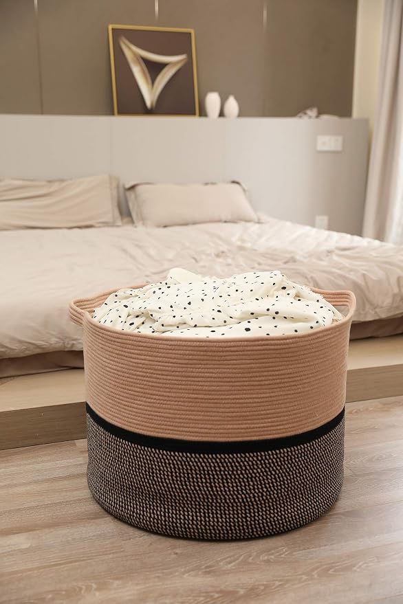 24" x 24" x 17" Max Size Large Cotton Rope Basket, Extra Large Storage Basket, Woven Laundry Hamper, Cloth Storage Bin, for Blankets Clothes Towels Pillows in Living Room, Beige Red/Black Mix