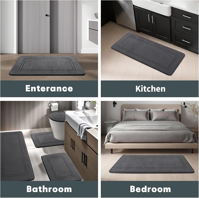 YIHOUSE Memory Foam Bath Mat Set, Bathroom Rugs Sets 2 Pieces, Non Slip Bath Mats for Bathroom, Super Soft and Water Absorbent Bath Rug Set, Machine Washable U Shape Toilet Rug,Dark Grey