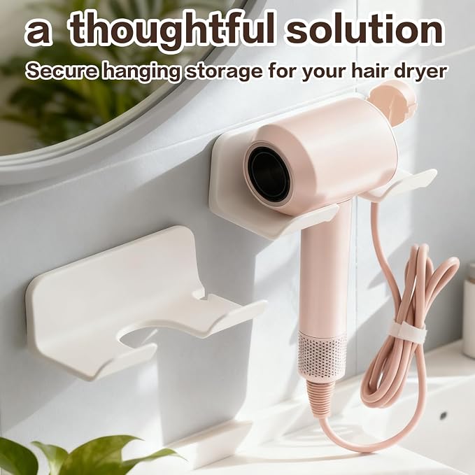 Universal Hair Dryer Holder Wall Mount -2PCS Adhesive Blow Dryer Holder With Plug Slot Organizer Hanger for Bathroom Cabinet Storage, Fits Most Hair Dryers, White