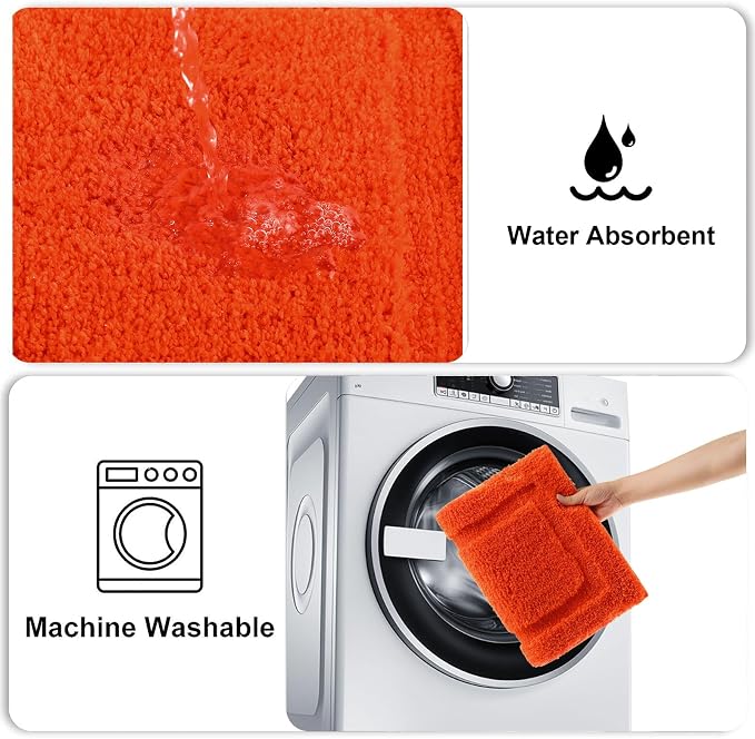 SHACOS Microfiber Bathroom Rugs Sets 3 Piece, Extra Soft Absorbent | Non Slip Bath Rugs Machine Washable Dry Shaggy Bath Mats with Toilet Lid Cover for Bathroom Floor, Tub and Shower (Orange)