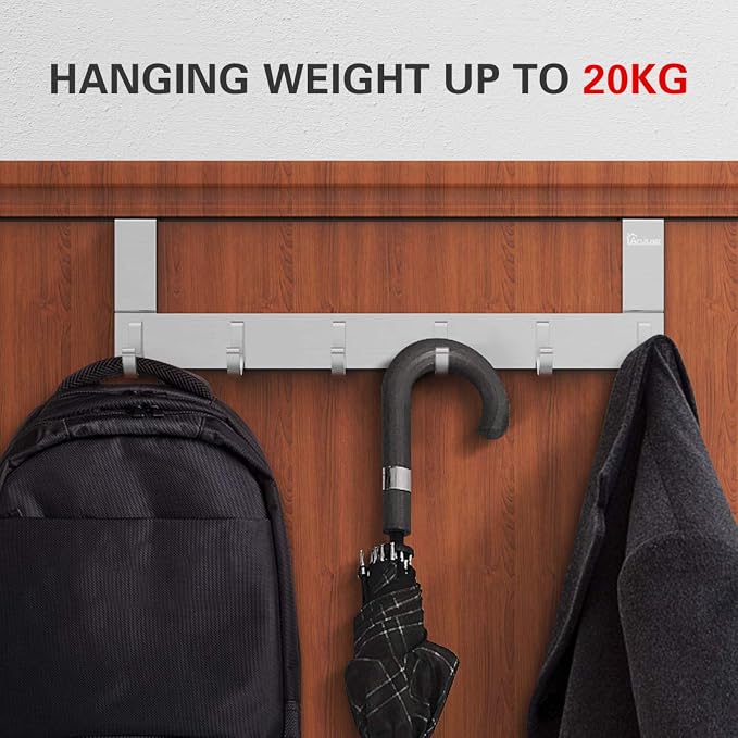 Door Hooks Hanger Rack, Aluminum Utility Organizer Holder for Kithchen Bathroom, 6 Hooks Over the Door Hanger Silver