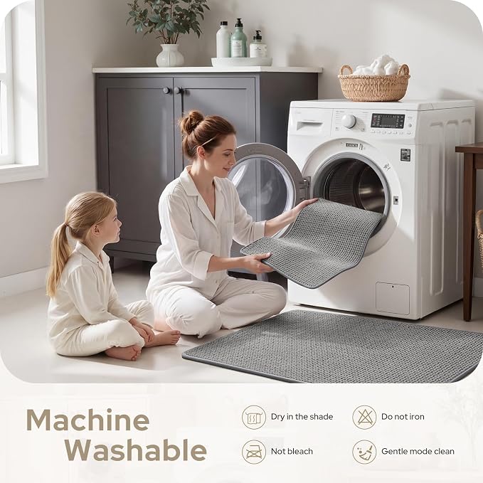 HOMEIDEAS Bathroom Rugs Set 2 Piece Thin Non Slip, Grey 17"x24"+20"x32" | Quick Dry Absorbence Bath Mats, Soft Chenille, Low Profile Fits Under Doors, Ideal for Bathtub, Shower, Elderly and Pets
