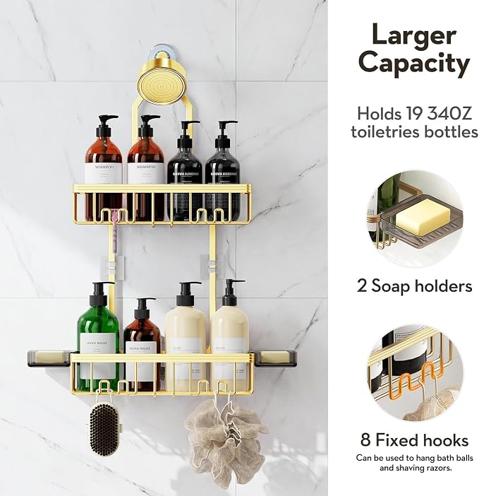 Shower Caddy Hanging, Never Rust Shower Organizer Hanging, Aluminum Shower Racks for Inside Shower with Hooks for Razor, Bathroom Organizers and Storage with Soap Holder, Gold