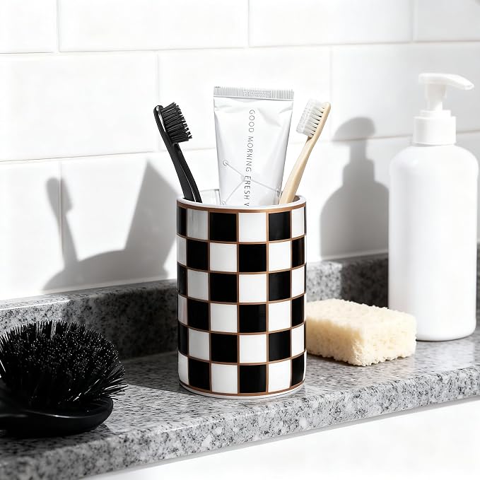 Checkered Bathroom Toothbrush Holder, Bathroom Black and White Ceramic Toothbrush Holder, Modern Toothbrush Box, Used for Bathroom countertop Storage Rack, Checkered Bathroom Decoration (Black)