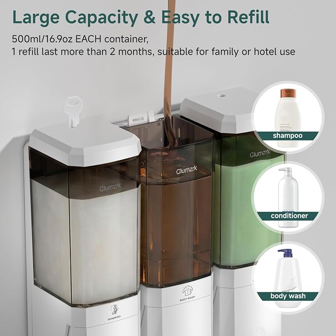 Shampoo and Conditioner Dispenser 3 Chamber 17oz No Drill Shower Soap Dispenser Wall Mounted Shampoo Conditioner Body Wash Refillable Bathroom Shower Dispenser (White+Smoke Gray 3 Chamber)