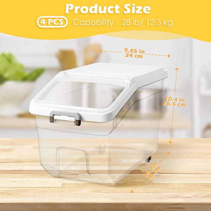 4 Pcs Rice Storage Container 28 lb Airtight Flour Container with Wheels Measuring Cup Clear Pet Food Cube Dog Birds Cat Food Bin Grain Cereal Organizer Box for Dry Baking Supplies(White Lid)