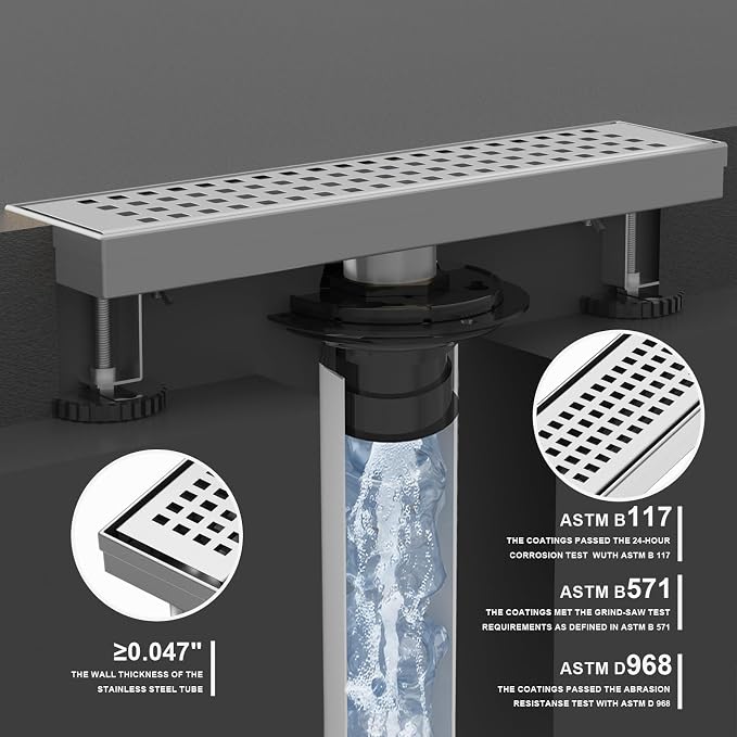 Linear Shower Drain | 18 Inch AISI 304 Stainless Steel Shower Drain, Brushed Nickel Linear Drain with Removable Quadrato Grate Cover & Adjustable Feet, Rectangle Floor Drain, in Bathroom Balcony etc