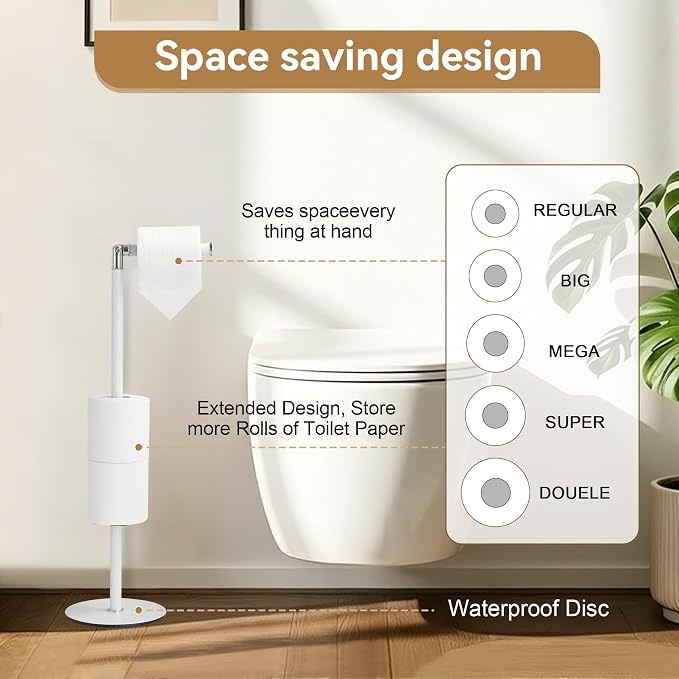 BGL Freestanding Toilet Paper Holder, Tissue Holder On Floor with Reserve Storage Paper Rolls, Roll Paper Holder Standing On Floor (White)