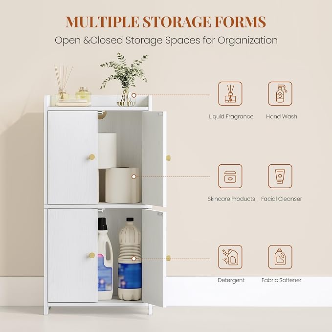 HEXCELEN Small Storage Cabinet, Bathroom Storage Cabinet with 4 Doors, Floor Bathroom Organizer Freestanding for Small Spaces, Living Room, Kitchen, Entryway (Modern Minimalism, White)