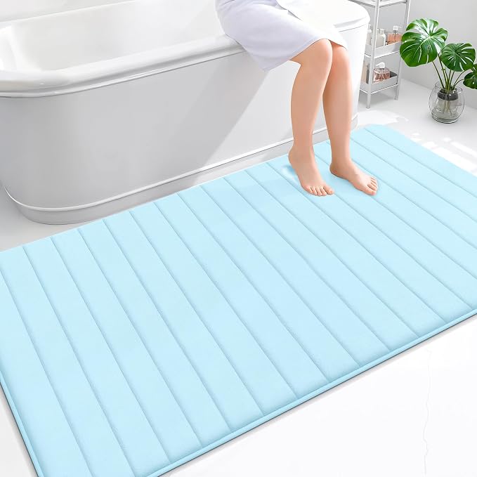 OLANLY Memory Foam Large Bath Mat 70x46, Super Soft Absorbent Bathroom Rugs | Sky Blue, Quick Dry Bath Rug, Machine Washable Shower Floor Mats, Bathmat Carpet for Bathroom Floor, Tub and Shower