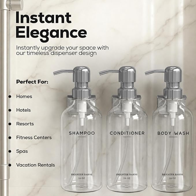 Clear Shampoo and Conditioner Dispenser Set Wall Mounted by Brighter Barns - Wall Mounted Shower Shampoo Dispenser for Shower Wall - Refillable Shower Soap Bottles 3 Chamber No Drill (Clear/Silver)