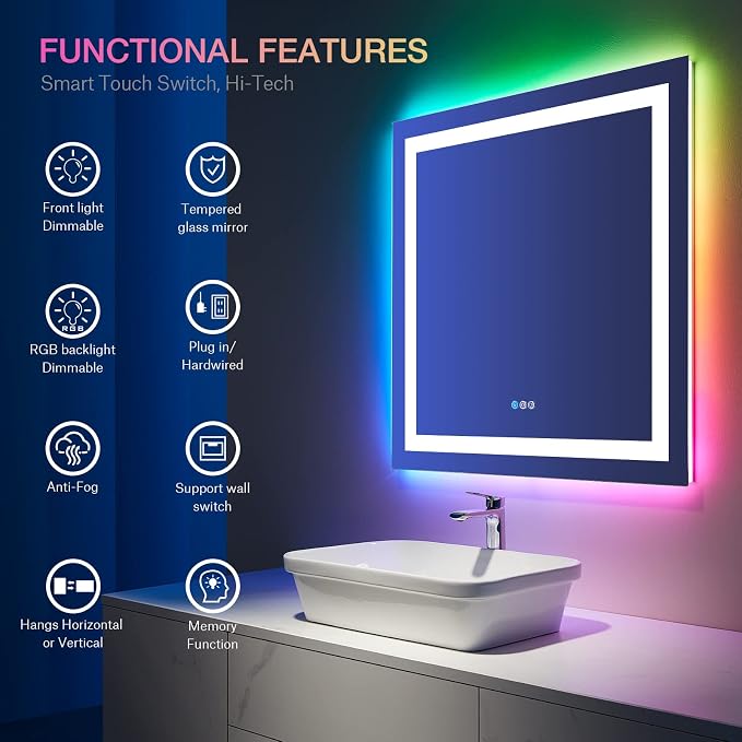 LOAAO 36"X36" RGB LED Bathroom Mirror with Lights, UL Listed | Anti-Fog, Dimmable, RGB Backlit + Front Lighted, Memory Function, Tempered Glass