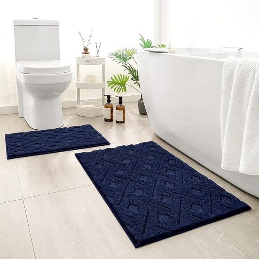 HOMEIDEAS Navy Blue Bathroom Rug Set 2 Piece, 20"x32"+16"x24" | Soft Microfiber Tufted Bath Mats, Super Absorbent, Non Slip, Machine Washable for Everyday Use