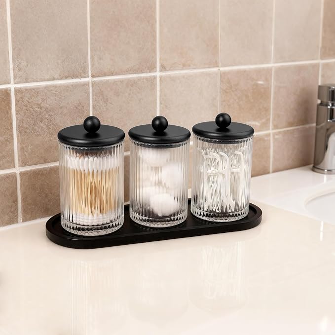 SheeChung 3 Pack Ribbed Glass Qtip Holder with Bamboo Tray & Metal Lids | Modern Industrial Bathroom Organizer Set for Cotton Rounds, Swabs, Flossers - Minimalist Vanity Storage Canister (Black )