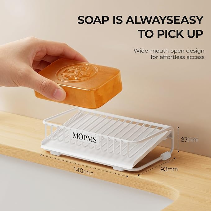 MOPMS Self Draining Soap Dish, Carbon Steel Bar Soap Holder for Shower | Waterfall Design Soap Saver for Bathroom, Kitchen Sink and Countertop, Sponges, Dispensers, White