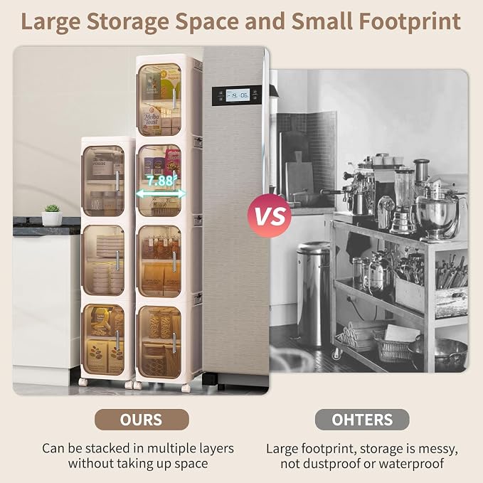 4 Tier Slim Bathroom Storage Cabinet, Foldable and Movable, Beige | Tools Free, ABS and PET, Magnetic Clear Door, Adjustable Shelves, Lockable Wheels, Water Resistant, For Narrow Space