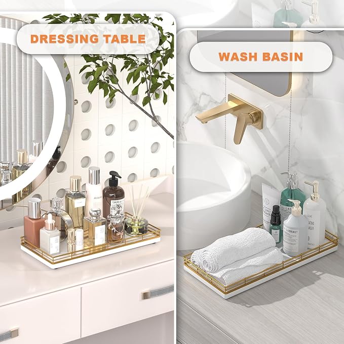 Bathroom Toilet Tank Tray, 13" Wood Toilet Paper Storage Basket Tray Back of Toilet Basket Organizer,Vanity Tray for Perfume Makeup Candle Decor, Gold & White