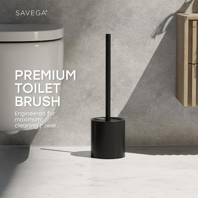 Toilet Bowl Brush with Holder and Lid – Matte Black | Modern toilet bowl brush set with steel holder, splash guard protection, and sturdy handle in matte black