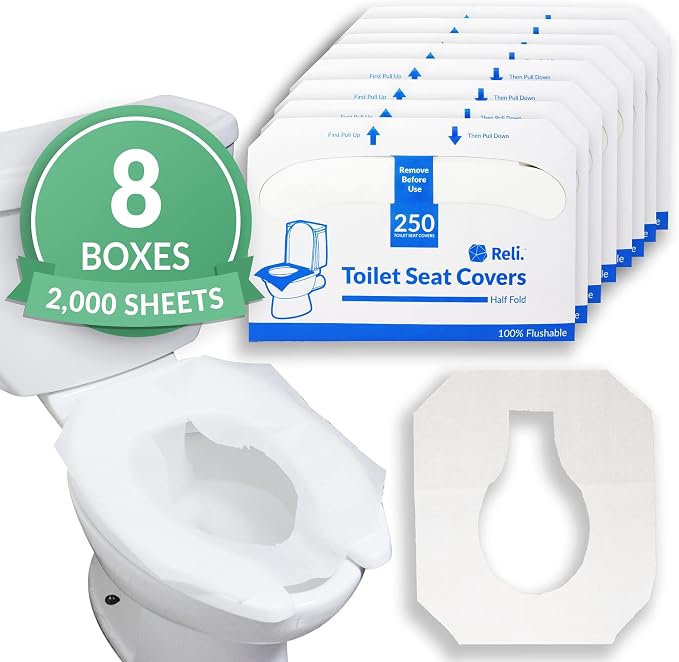 Reli. Toilet Seat Covers (2000 Pcs, 8 Packs of 250) Flushable | Disposable Toilet Seat Cover 14x16" (Half-Fold) | Paper Liners for Restroom, Bathroom, Travel, Camping, Potty Training