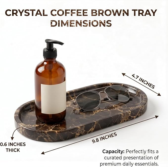 YKAJO Crystal Coffee Brown Oval Marble Tray, 9.8x4.7 Vanity Organizer Dish | Honed natural stone; jewelry & trinket dish, ring & key holder, soap & candle catchall; bath counter, dresser, coffee table