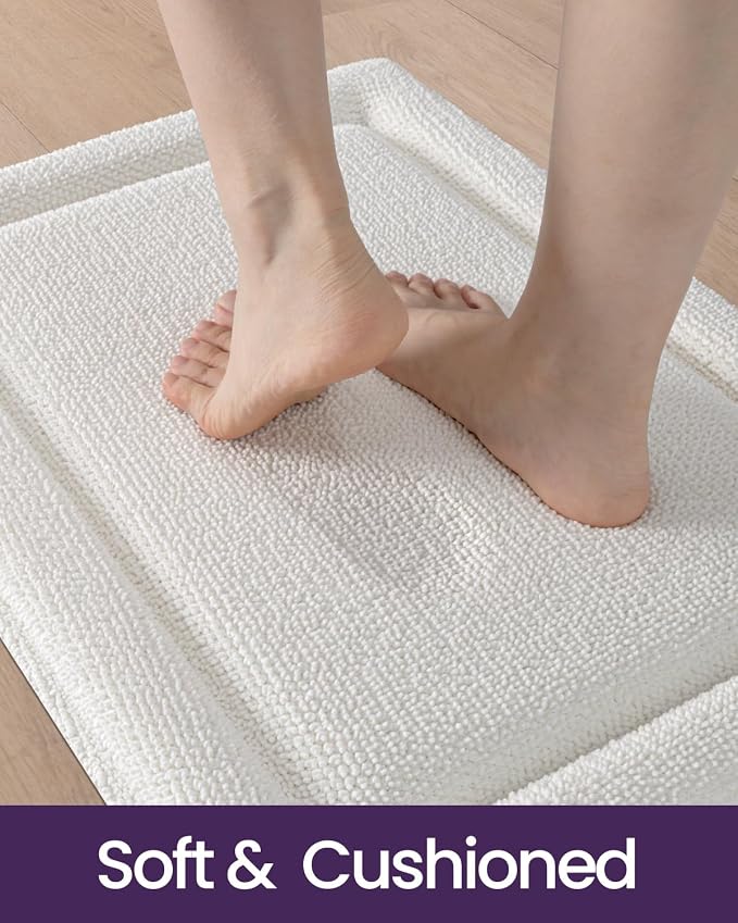 DEXI Memory Foam Bath Mat 24x17, Thick Chenille Bathroom Rug, Ivory | Ultra Soft Absorbent, Non Slip Quick Dry, Cushion Plush Bath Carpet for Tub Shower, Sink