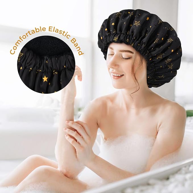 Shower Cap for Women Terry Lined Bath Cap Large Reusable Waterproof Elastic Band Black Star Shower Caps for Long Thick Hair Soft Bath Shower Hair Caps