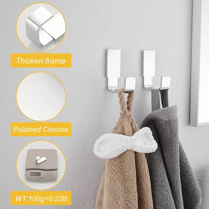 BESy Brass Clothes Hook Single Towel Hook for Bathroom Kitchen Garage Square Style Robe Hooks Coat and Hat Hook, Wall Mounted with Screws, Two Packs, Polished Chrome