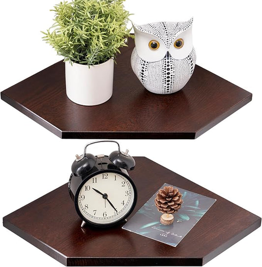 Corner Shelf Wall Mount, Set of 2 Solid Oak Wood Floating Corner Shelves with Wire Hole Display Shelf with Wire Hole Small Plant Display for Kitchen Living Room Bedroom
