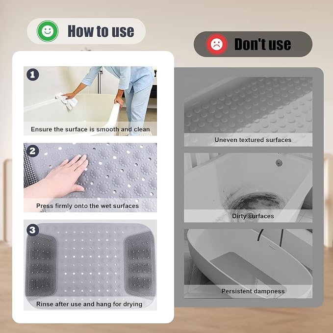 Bathtub Shower Mat Non Slip, 28.7x18.9 inch Silicone Bathroom Mat with Foot Scrubber on Both Sides, Drain Hole and Suction Cups, Machine Washable Bath Mats for Elderly, Pet (Gray)