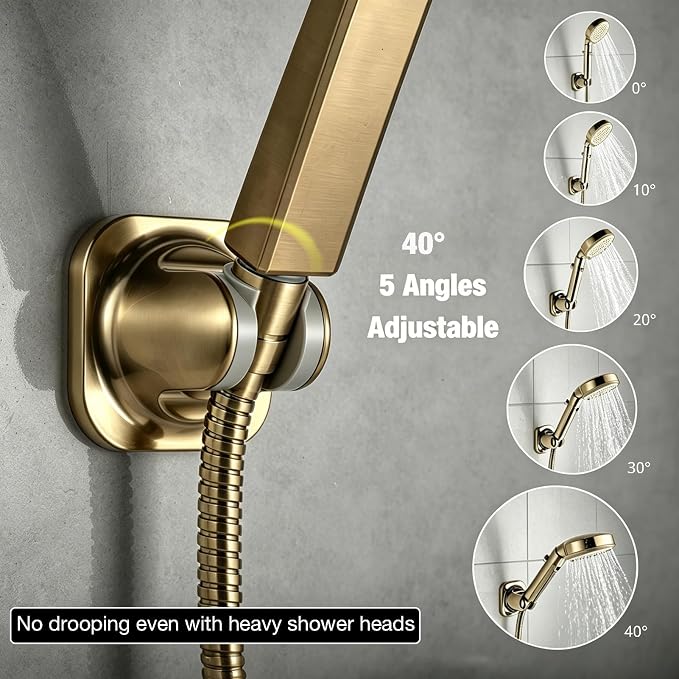 Handle held Shower Head Holder Wall Mount -Adjustable in 5 Positions - Dual Mount Option (Screw/Adhesive) - Brushed Gold